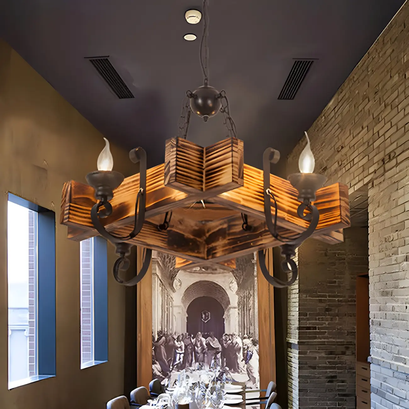 Industrial Vintage Iron Pendant Light Wooden Geometric Hanging Lamp for Commercial Place | homeyfad