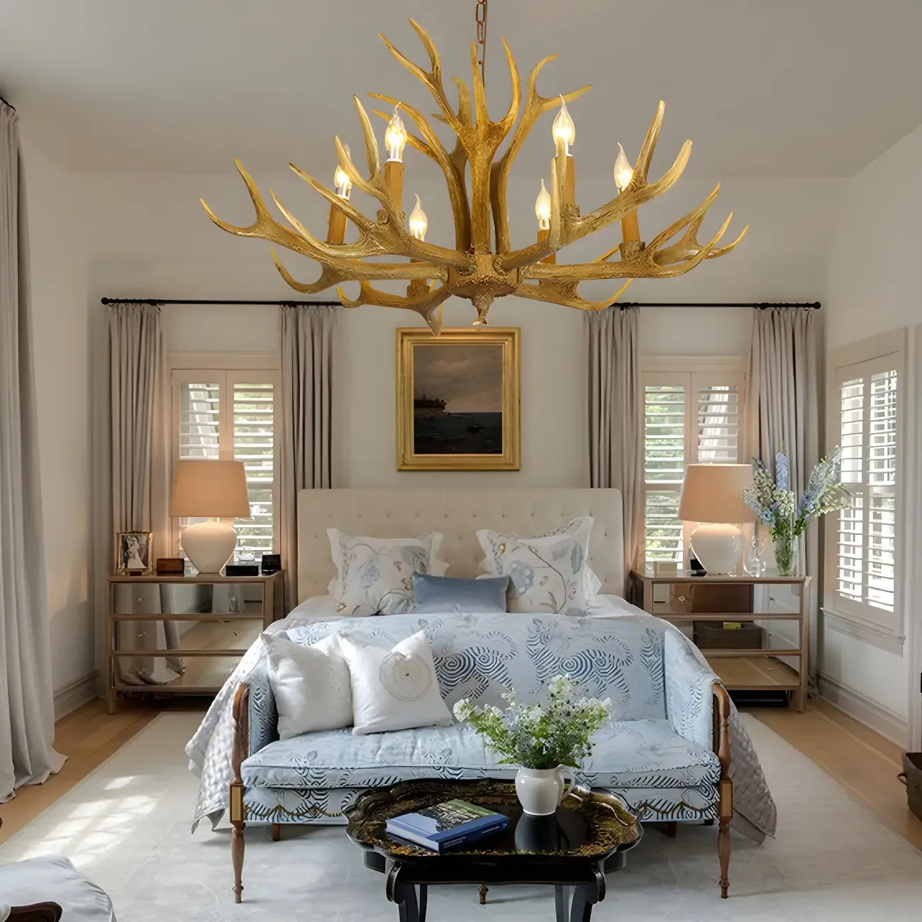 Gold Antler Shape Resin Rustic Chandelier Lighting