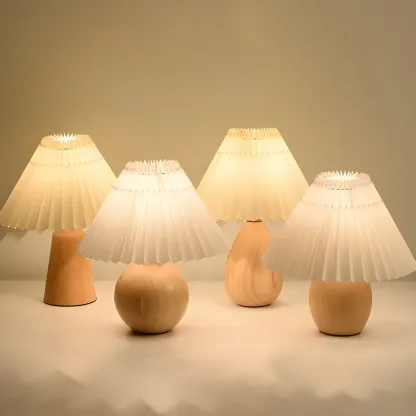 Nordic Beige Solid Wood Plastic Cone Shade Table Lamp Image - 2