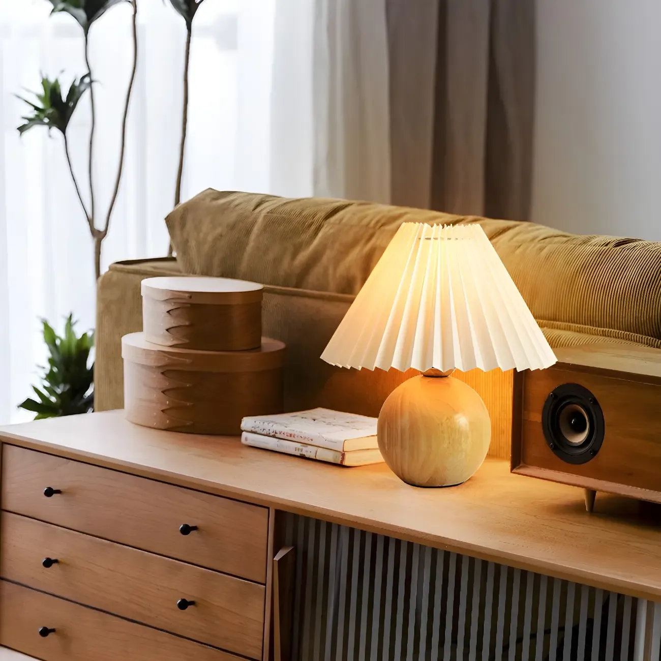 Nordic Beige Solid Wood Plastic Cone Shade Table Lamp Image - 5