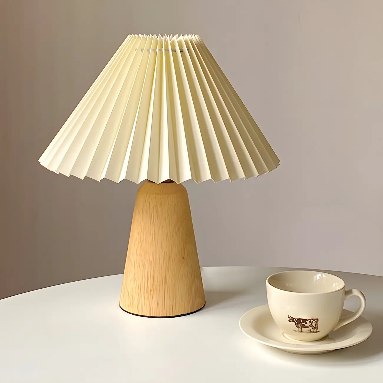 Nordic Beige Solid Wood Plastic Cone Shade Table Lamp Image - 9 | homeyfad
