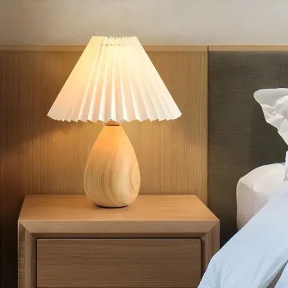 Nordic Beige Solid Wood Plastic Cone Shade Table Lamp Image - 3