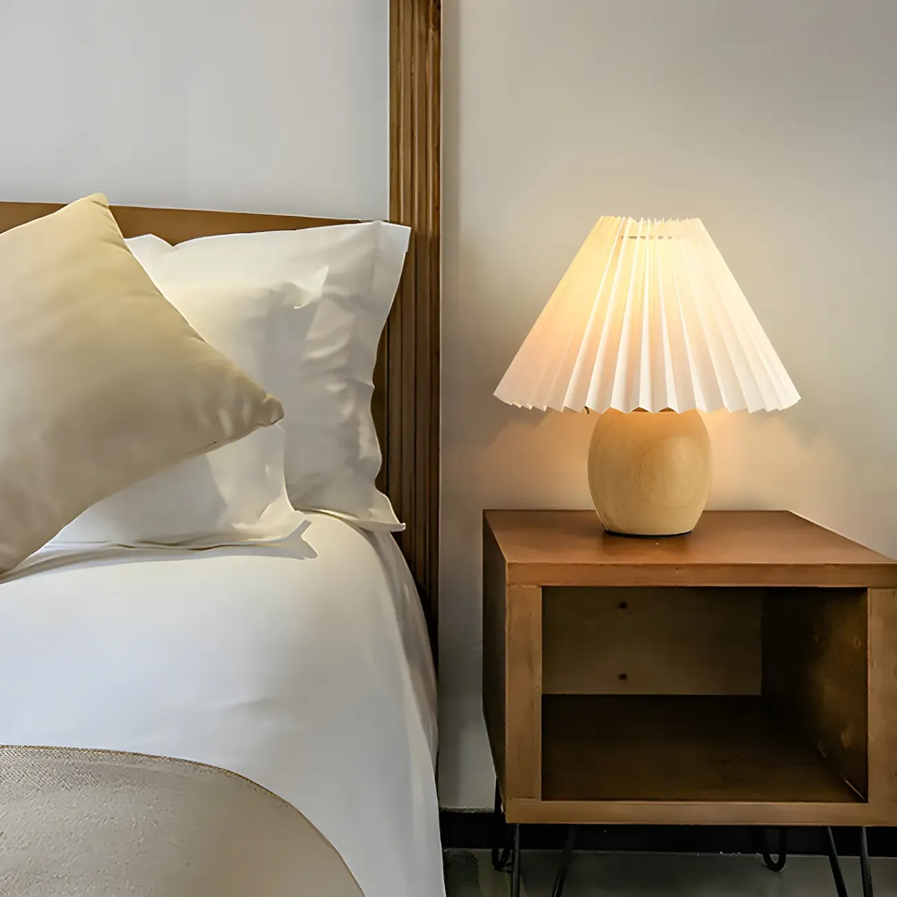 Nordic Beige Solid Wood Plastic Cone Shade Table Lamp Image - 4