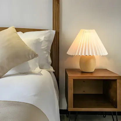 Nordic Beige Solid Wood Plastic Cone Shade Table Lamp Image - 4