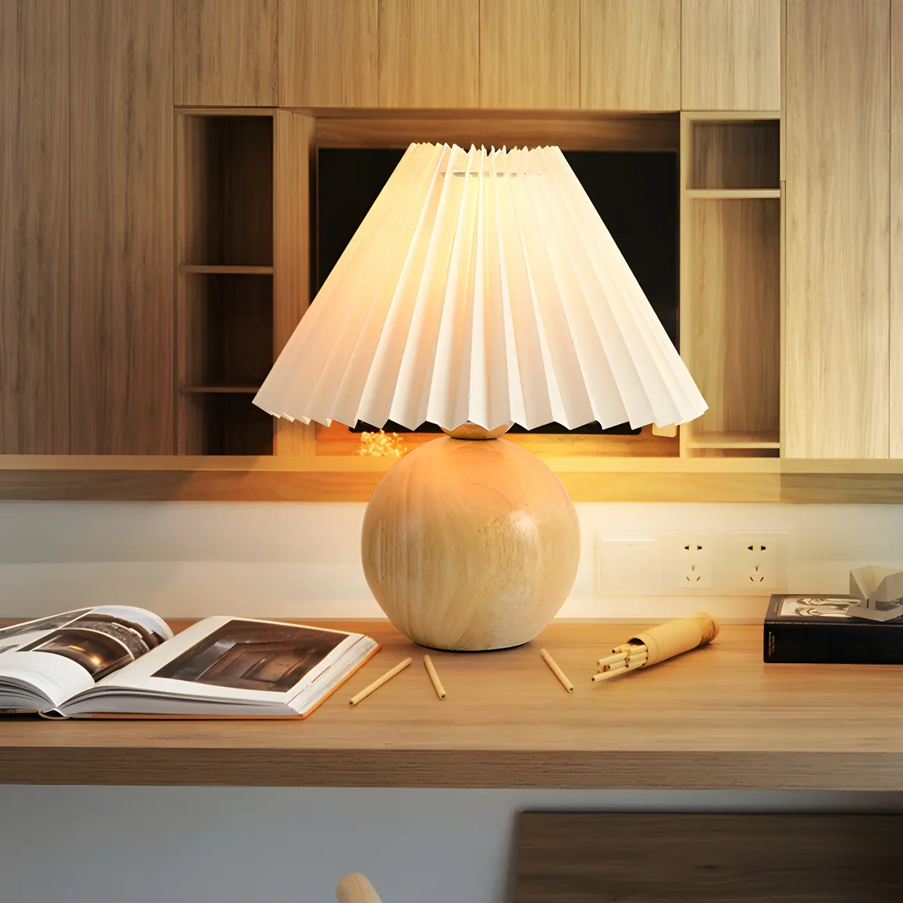 Nordic Beige Solid Wood Plastic Cone Shade Table Lamp Image - 6 | homeyfad