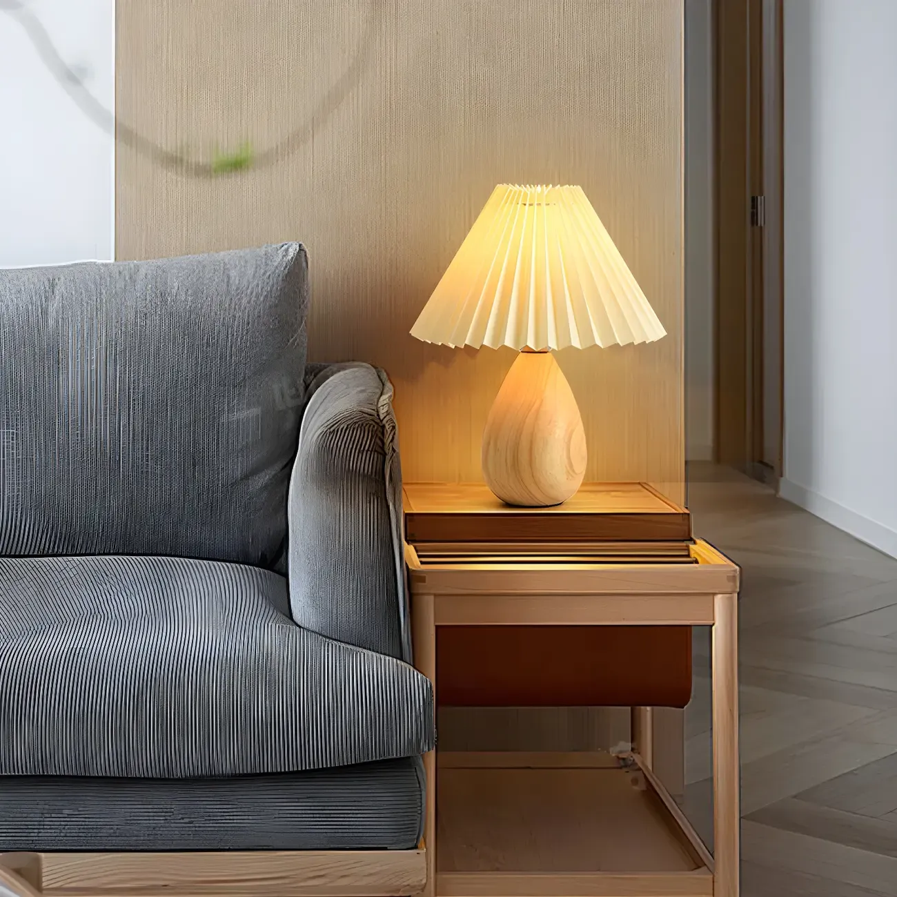 Nordic Beige Solid Wood Plastic Cone Shade Table Lamp Image - 1