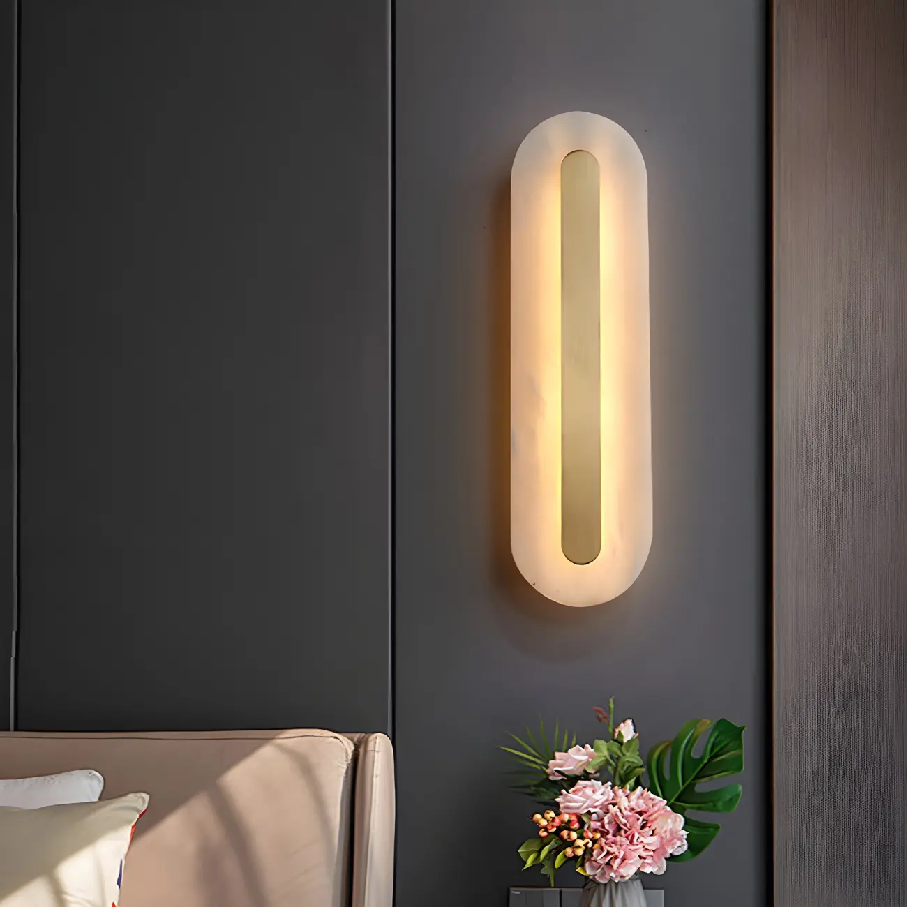 Modern Brass Oval Stone Wall Sconce Dimmable LED for Bedroom Image - 1 | homeyfad