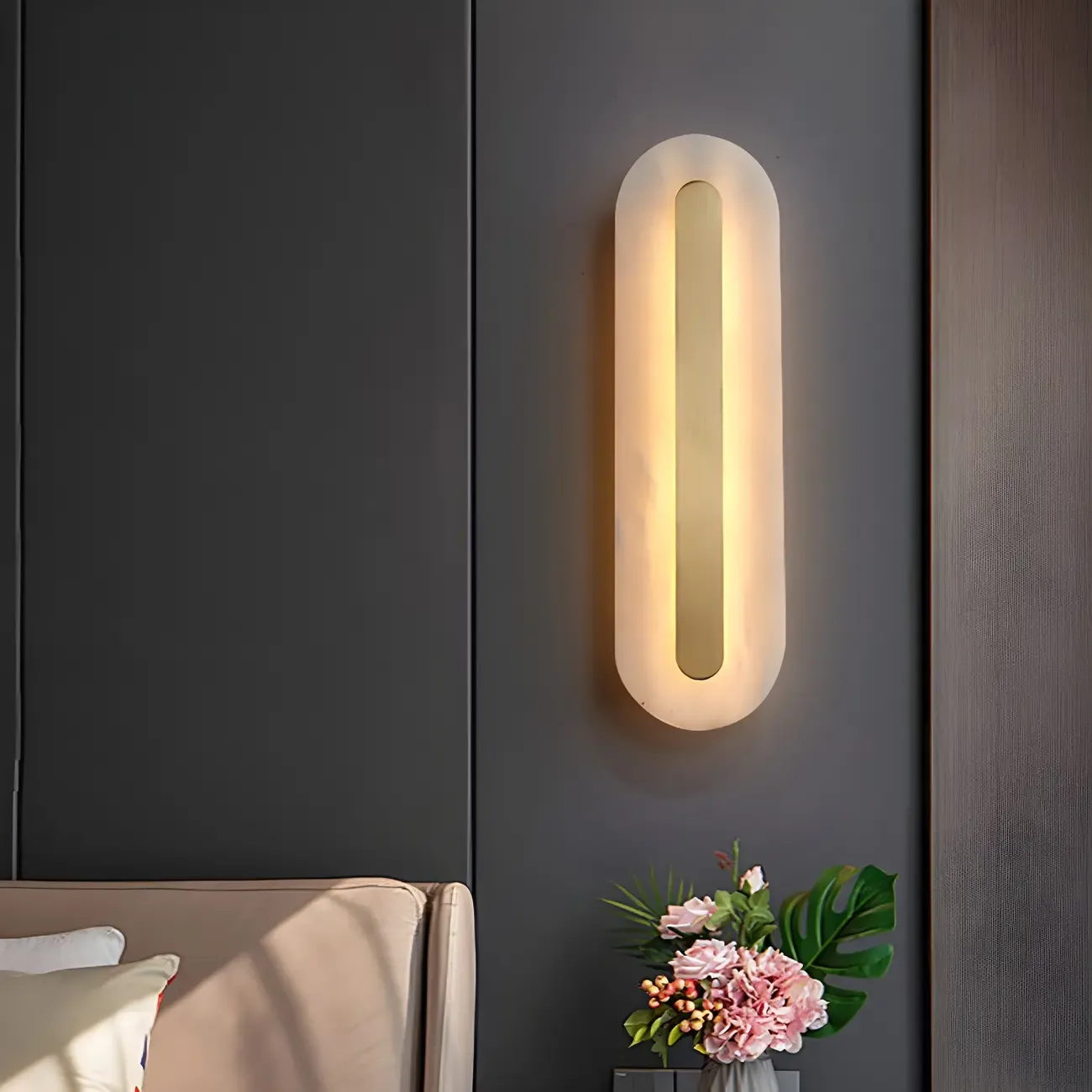 Modern Brass Oval Stone Wall Sconce Dimmable LED for Bedroom Image - 1