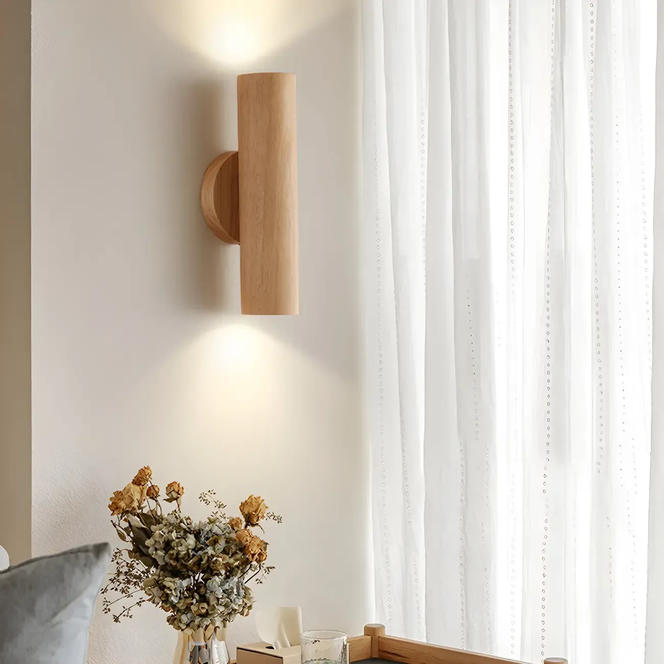 Modern Style Cylinder Shape Wall Sconce Wood 2 Light Sconces for Bedroom Image - 1