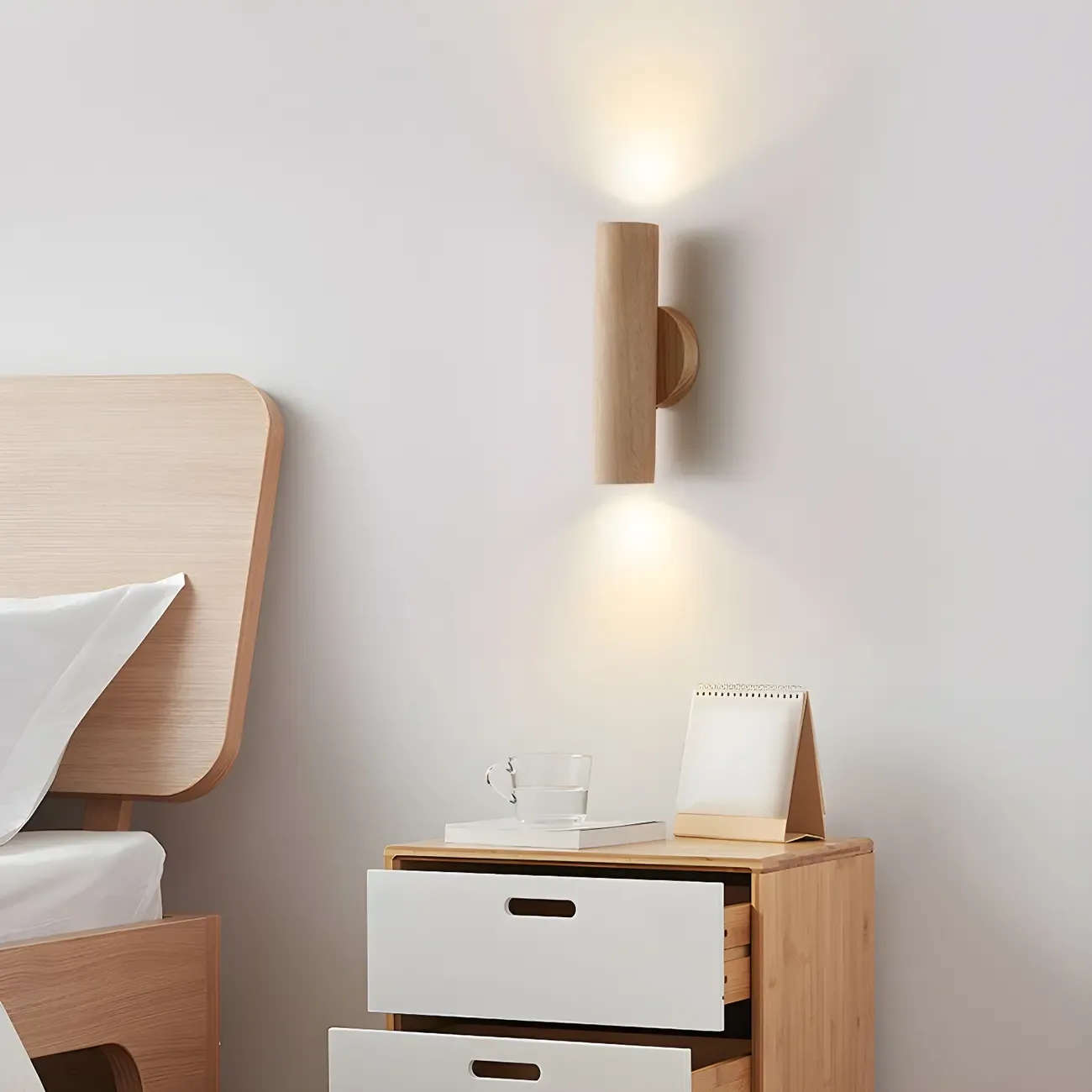 Modern Style Cylinder Shape Wall Sconce Wood 2 Light Sconces for Bedroom Image - 2