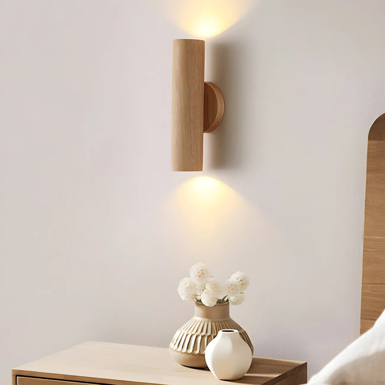 Modern Style Cylinder Shape Wall Sconce Wood 2 Light Sconces for Bedroom Image - 8 | homeyfad