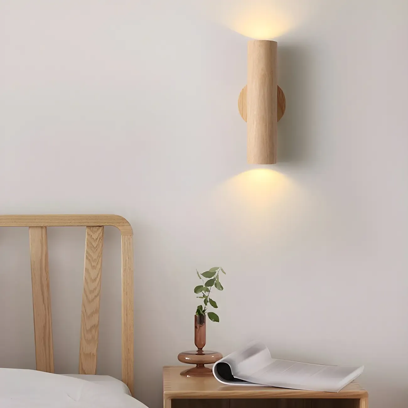 Modern Style Cylinder Shape Wall Sconce Wood 2 Light Sconces for Bedroom Image - 9