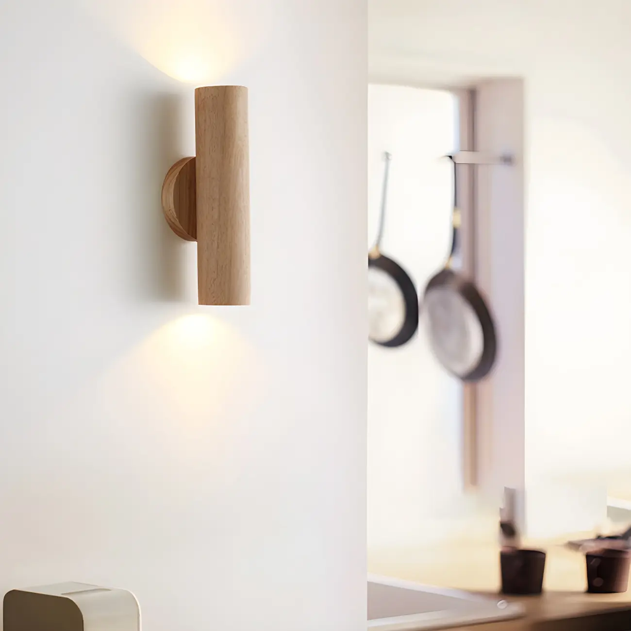 Modern Style Cylinder Shape Wall Sconce Wood 2 Light Sconces for Bedroom Image - 7 | homeyfad