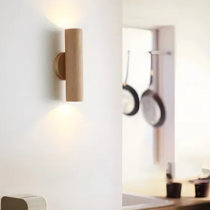 Modern Style Cylinder Shape Wall Sconce Wood 2 Light Sconces for Bedroom Image - 7