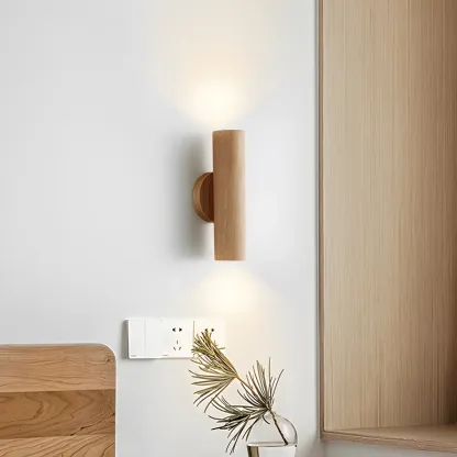 Modern Style Cylinder Shape Wall Sconce Wood 2 Light Sconces for Bedroom Image - 3