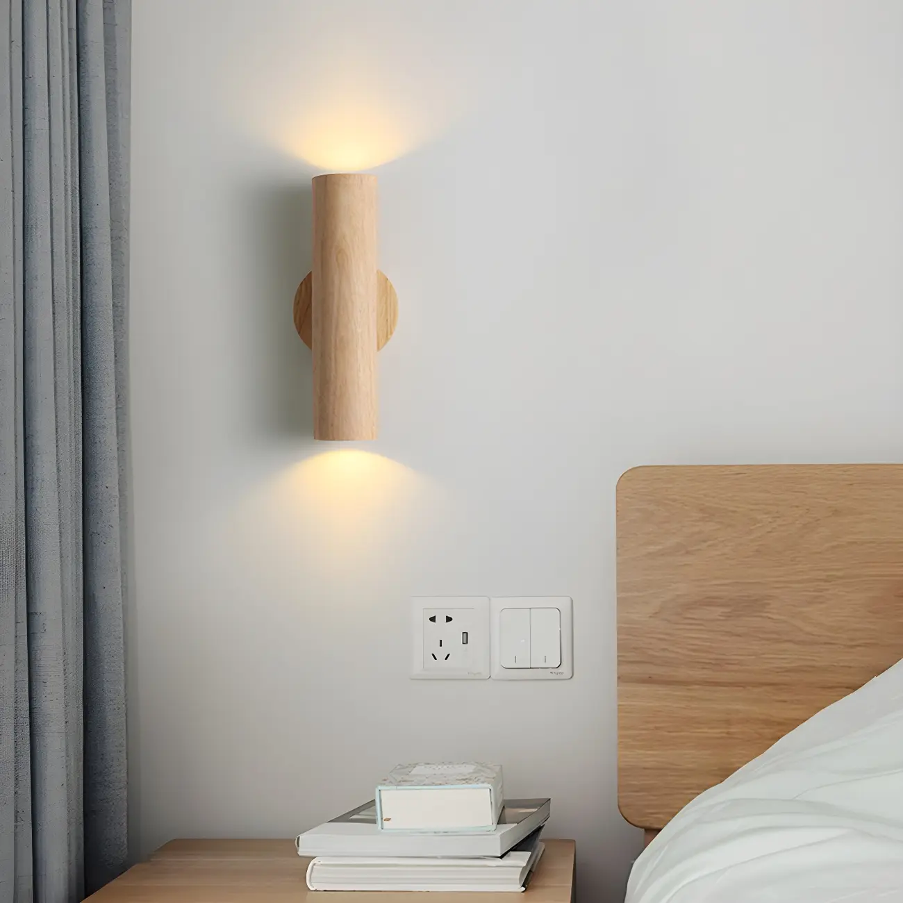 Modern Style Cylinder Shape Wall Sconce Wood 2 Light Sconces for Bedroom Image - 4 | homeyfad