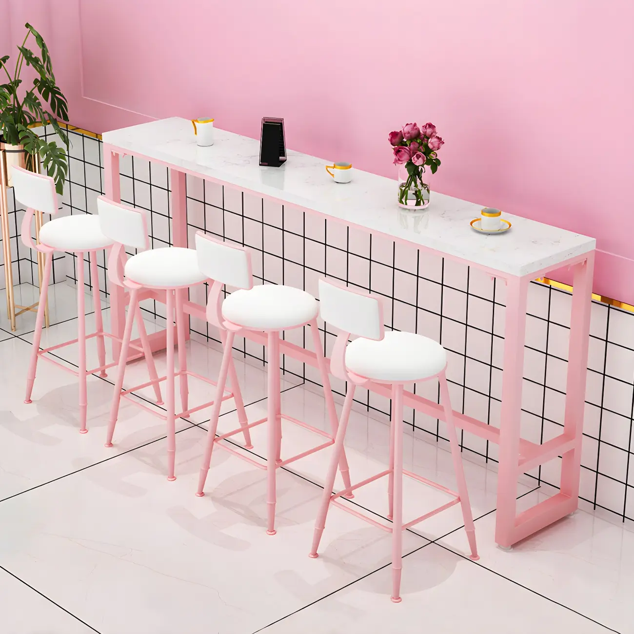 Glam Pink Rectangle Marble Long Bar Table Image - 1 | homeyfad