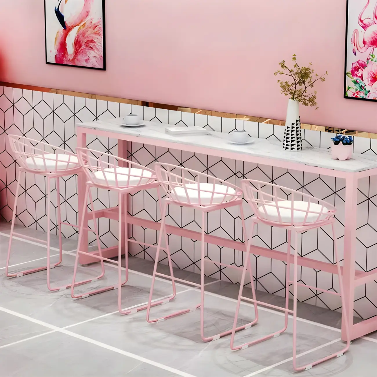 Glam Pink Rectangle Marble Long Bar Table Image - 2 | homeyfad
