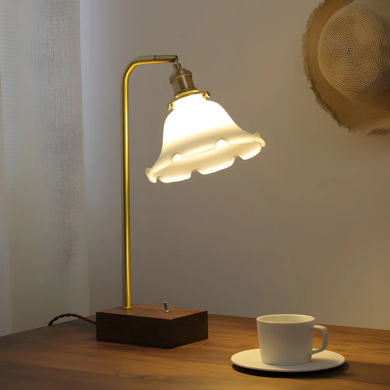 Retro Brown Gold Glass Wood Base Arched Table Lamp Image - 1 | homeyfad