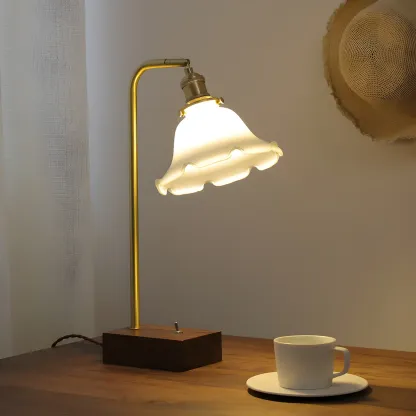 Retro Brown Gold Glass Wood Base Arched Table Lamp Image - 1