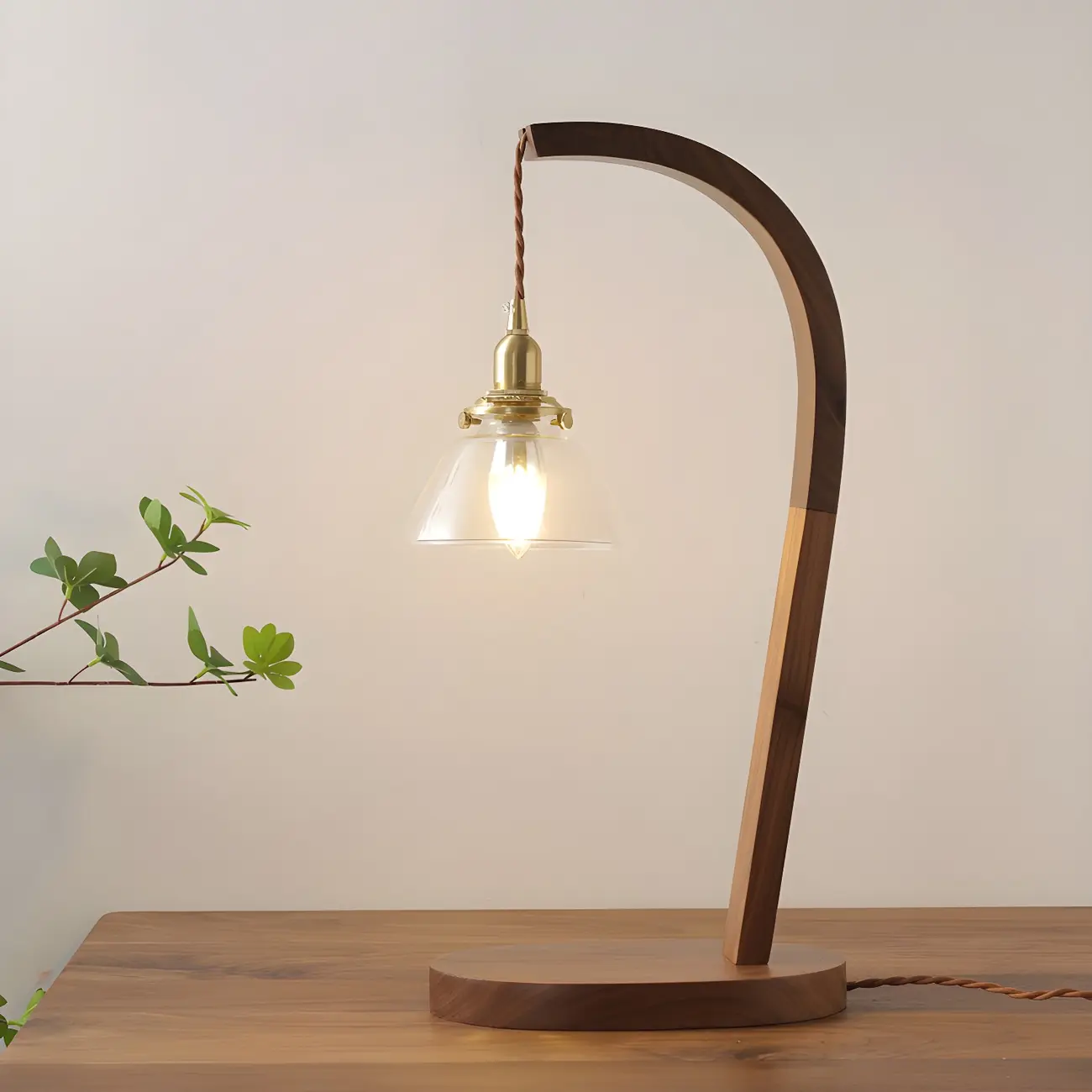 Retro Brown Gold Glass Wood Base Arched Table Lamp Image - 3 | homeyfad