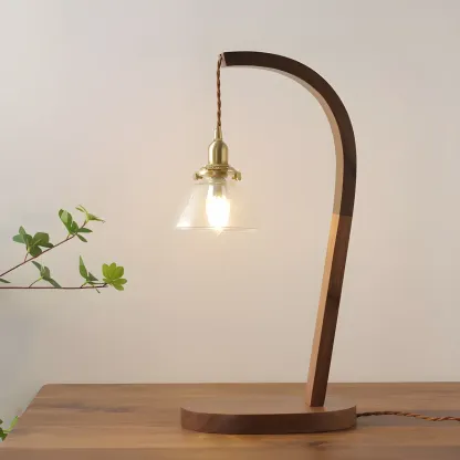 Retro Brown Gold Glass Wood Base Arched Table Lamp Image - 3