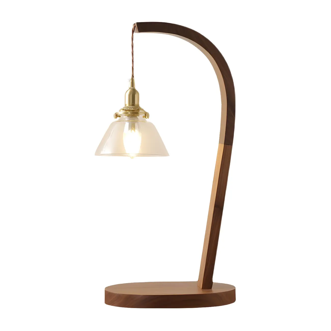 Retro Brown Gold Glass Wood Base Arched Table Lamp Image - 11 | homeyfad