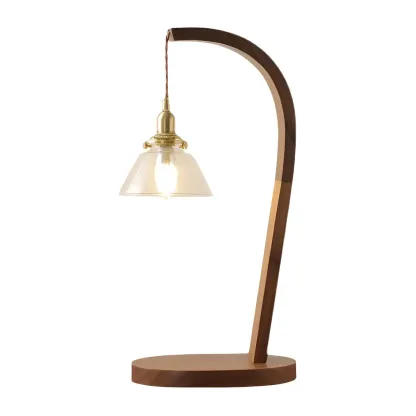 Retro Brown Gold Glass Wood Base Arched Table Lamp Image - 11