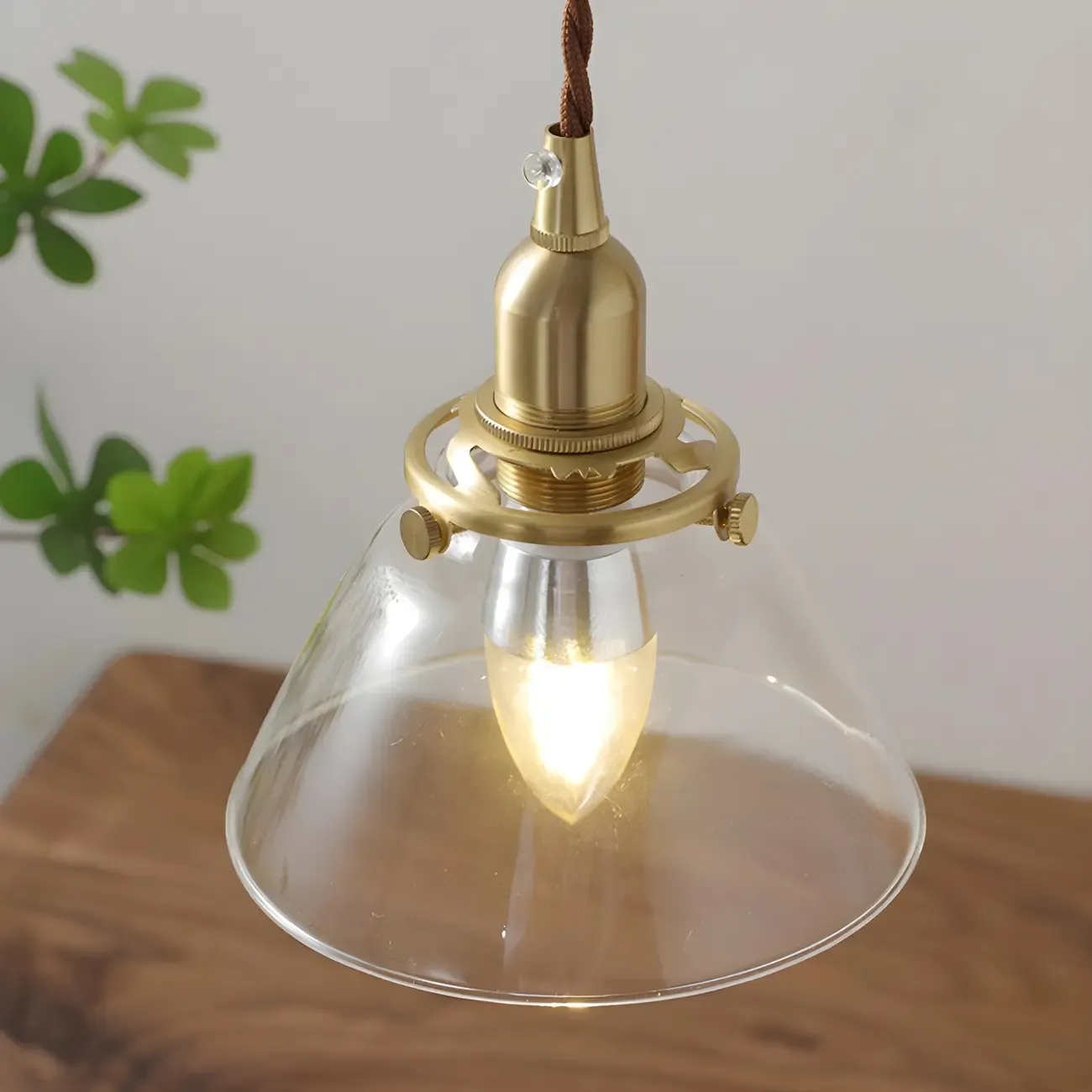 Retro Brown Gold Glass Wood Base Arched Table Lamp Image - 4