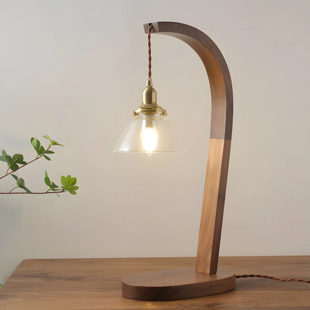 Retro Brown Gold Glass Wood Base Arched Table Lamp Image - 9 | homeyfad