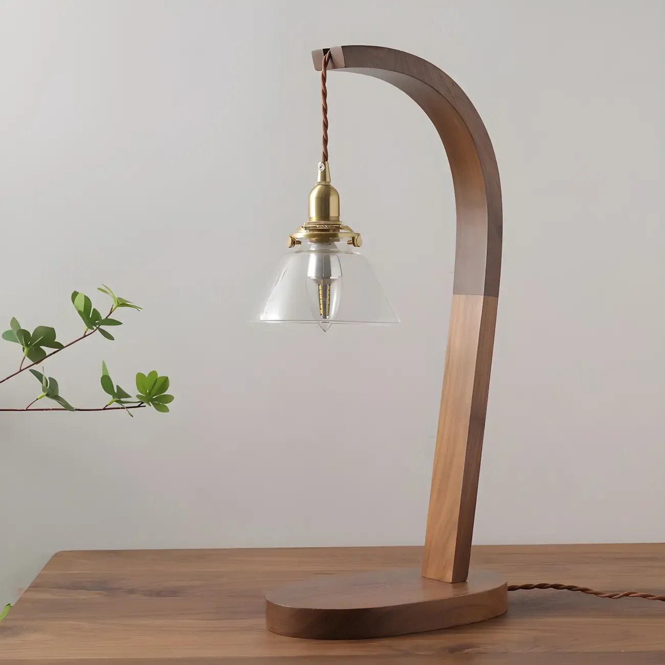 Retro Brown Gold Glass Wood Base Arched Table Lamp Image - 15