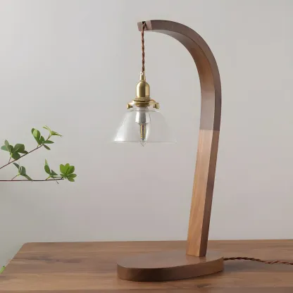 Retro Brown Gold Glass Wood Base Arched Table Lamp Image - 15