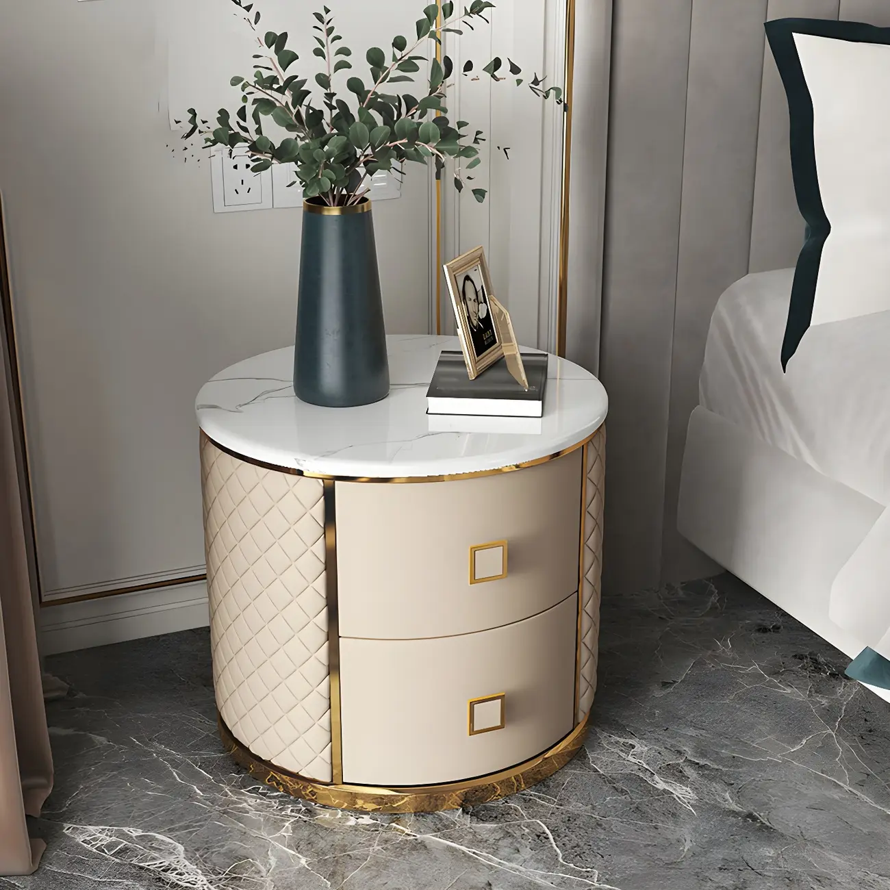 Glam Round Leather Nightstand with Marble Countertop 2 Drawers Image - 1 | homeyfad