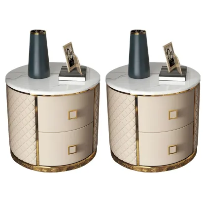 Glam Round Leather Nightstand with Marble Countertop 2 Drawers Image - 2