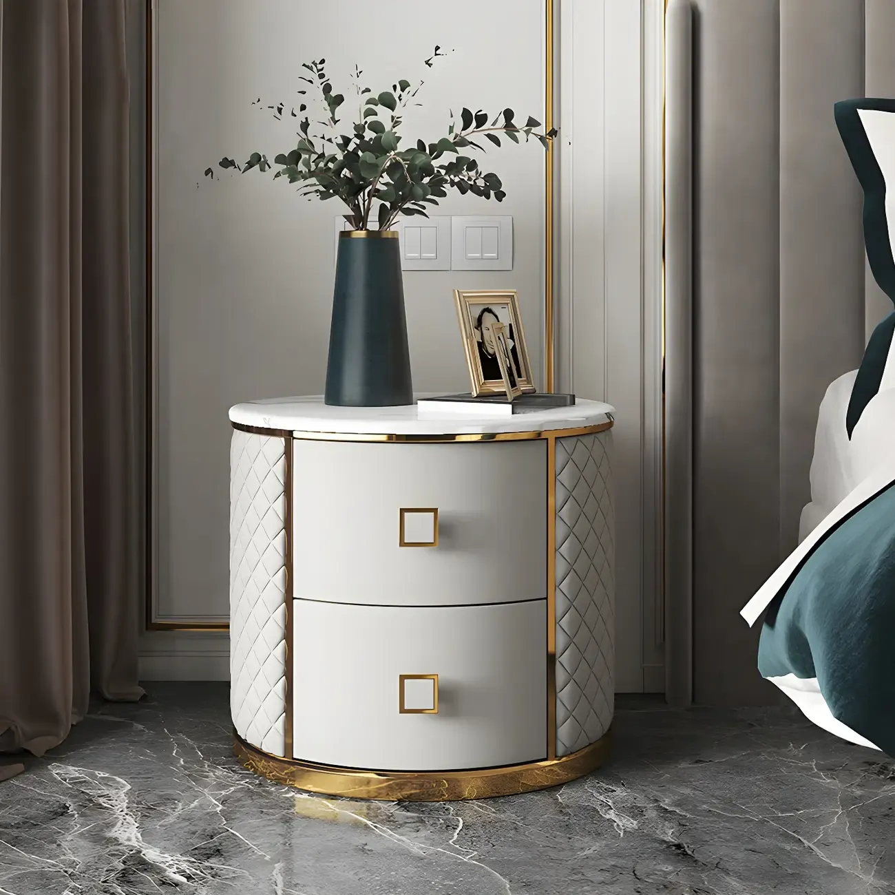Glam Round Leather Nightstand with Marble Countertop 2 Drawers Image - 3