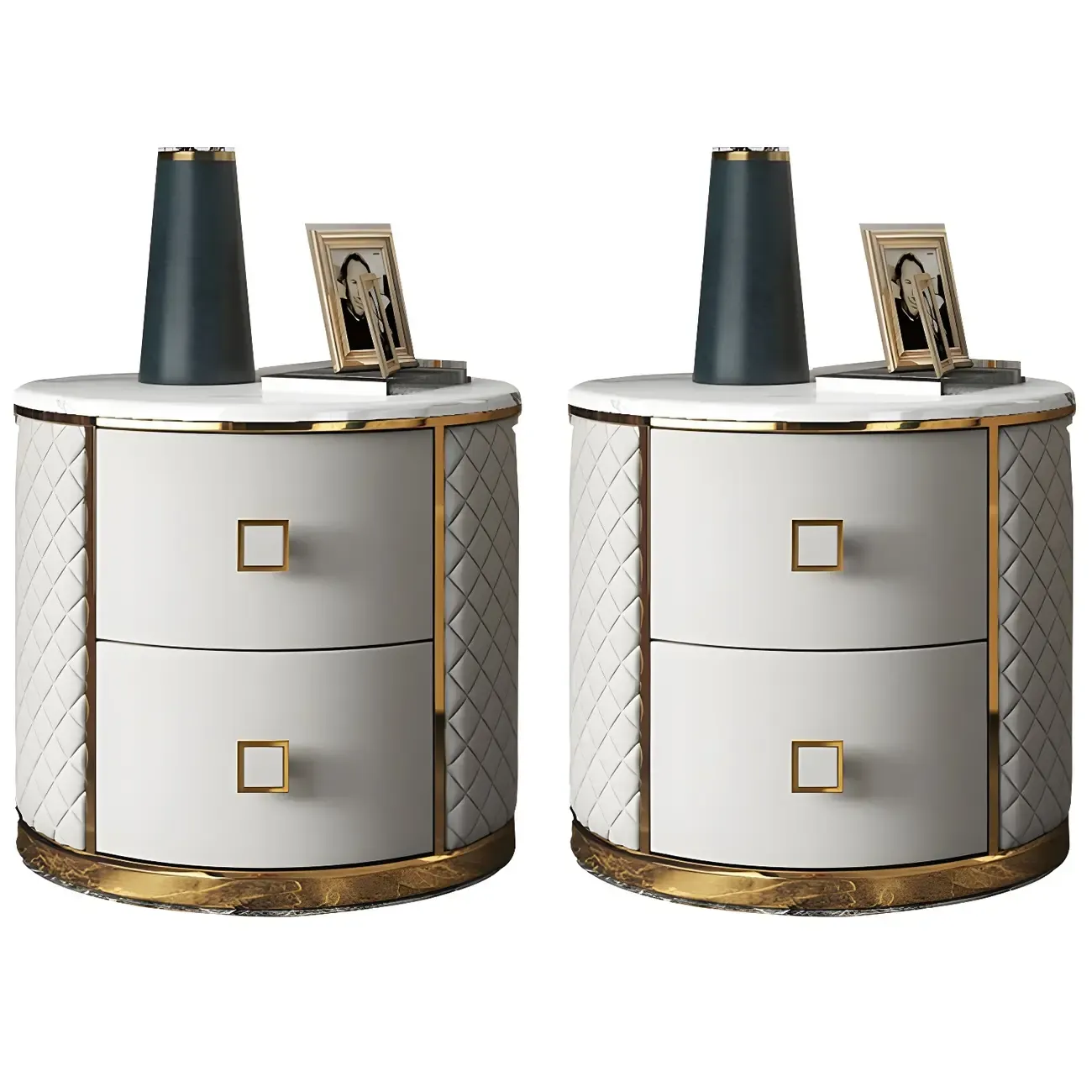 Glam Round Leather Nightstand with Marble Countertop 2 Drawers Image - 5