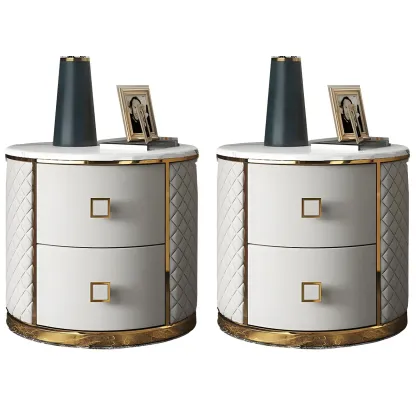 Glam Round Leather Nightstand with Marble Countertop 2 Drawers Image - 5