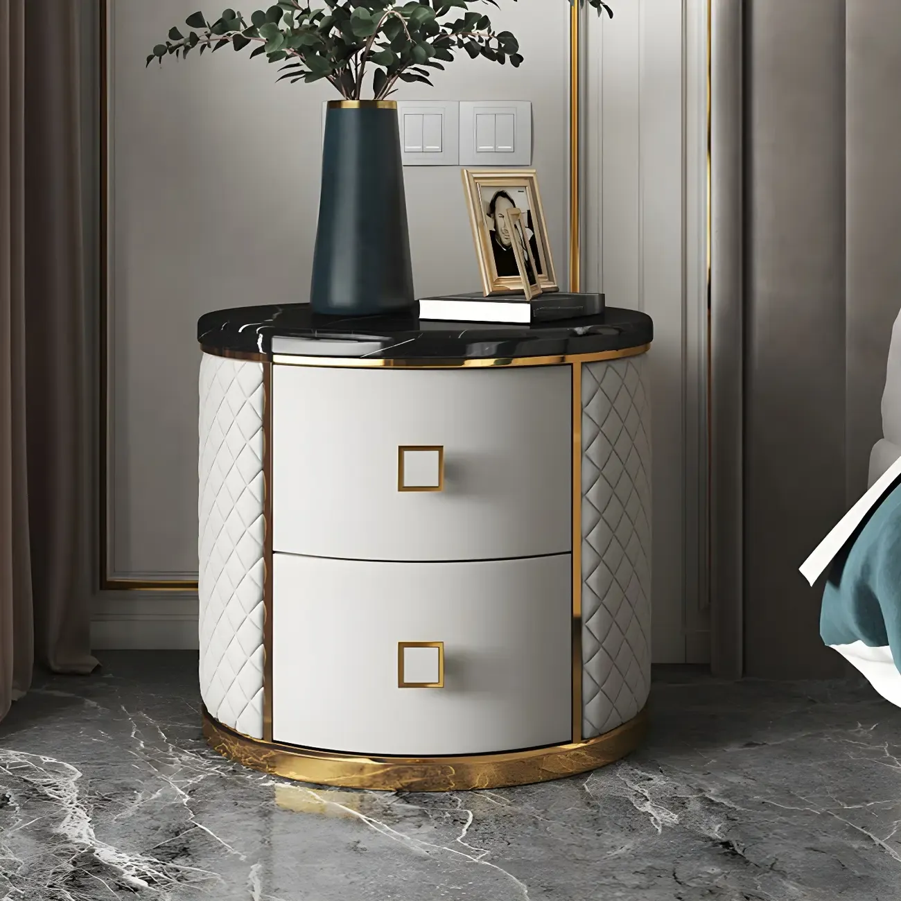 Glam Round Leather Nightstand with Marble Countertop 2 Drawers Image - 6