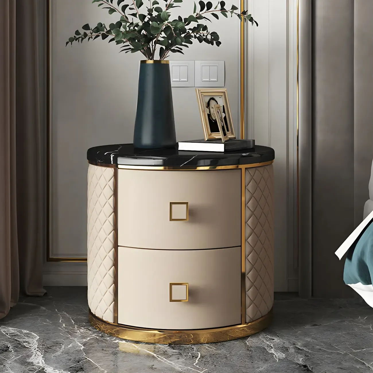 Glam Round Leather Nightstand with Marble Countertop 2 Drawers Image - 7