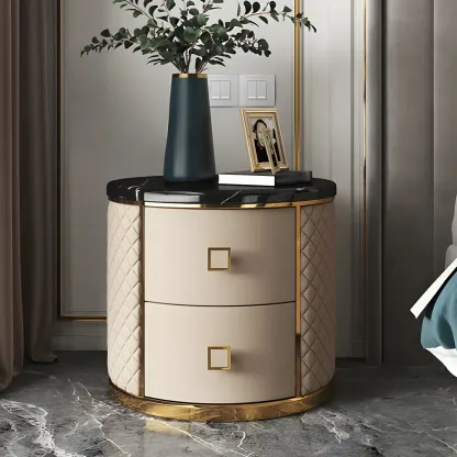 Glam Round Leather Nightstand with Marble Countertop 2 Drawers Image - 7