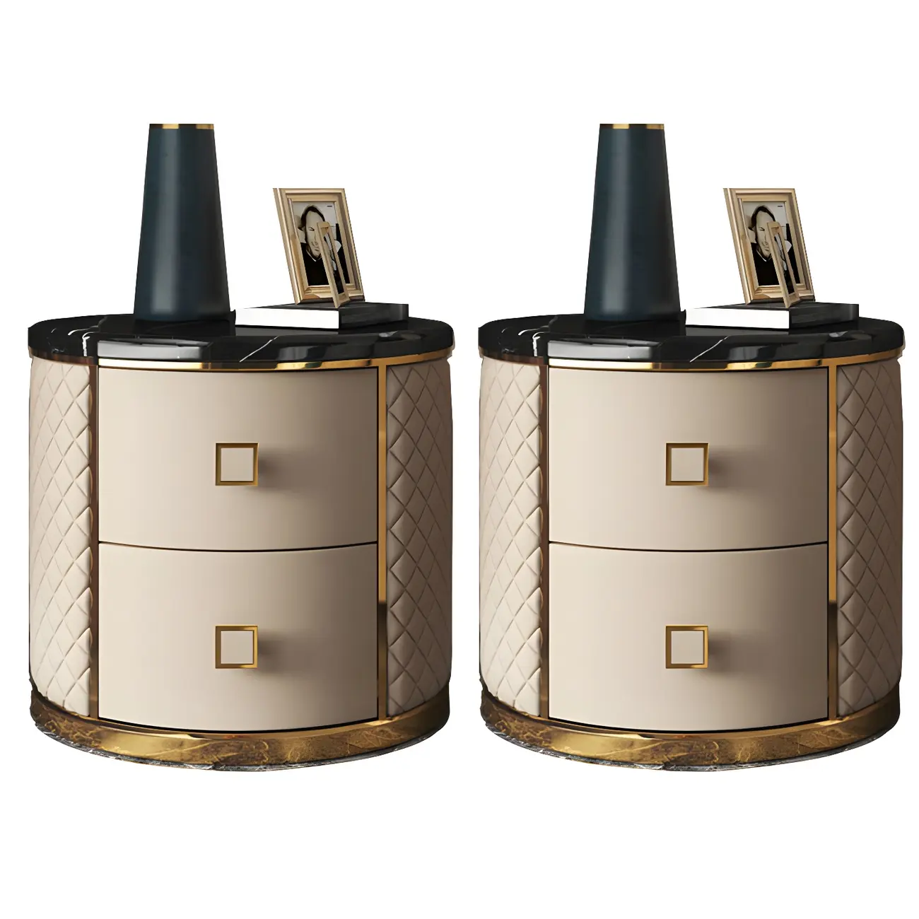 Glam Round Leather Nightstand with Marble Countertop 2 Drawers Image - 8 | homeyfad