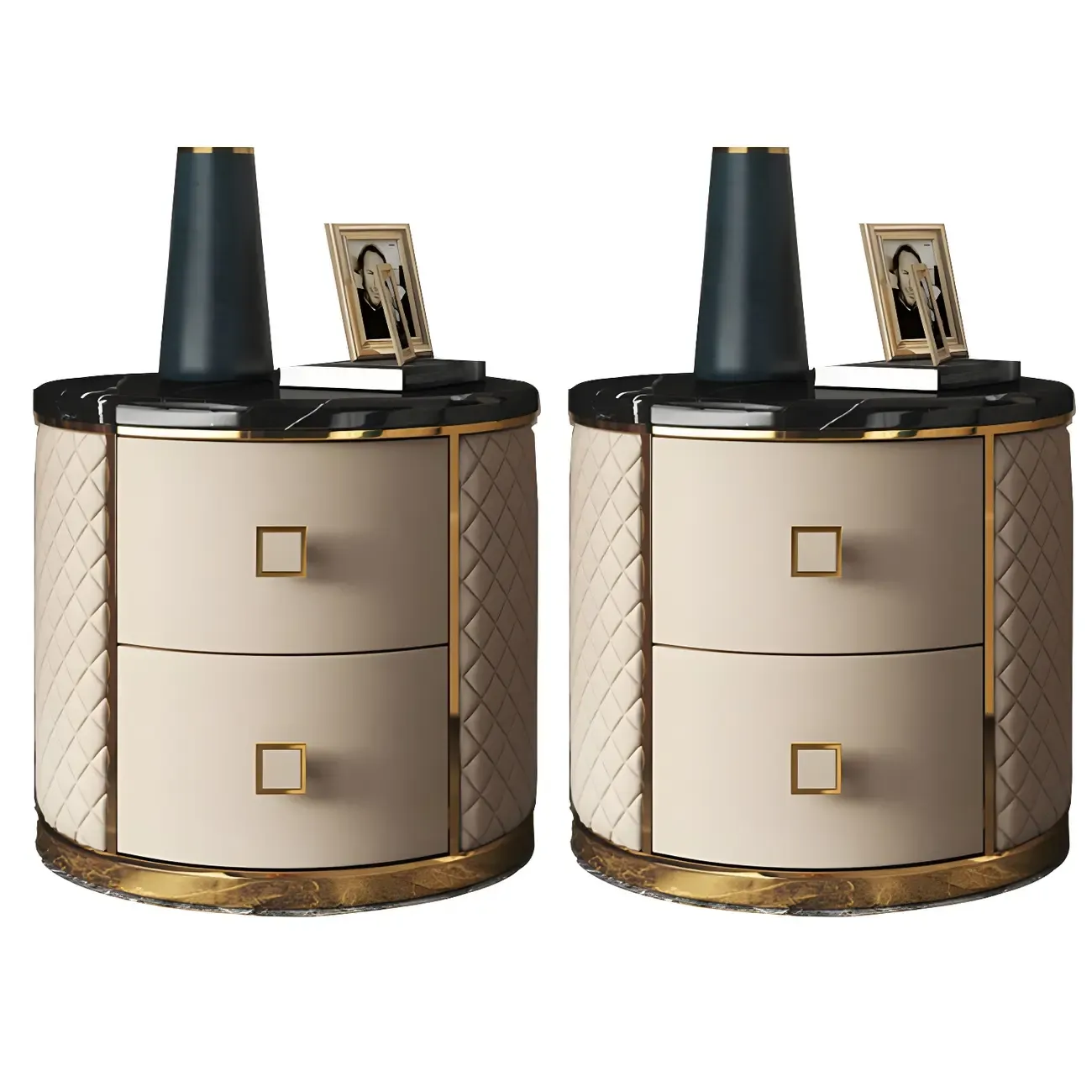 Glam Round Leather Nightstand with Marble Countertop 2 Drawers Image - 8