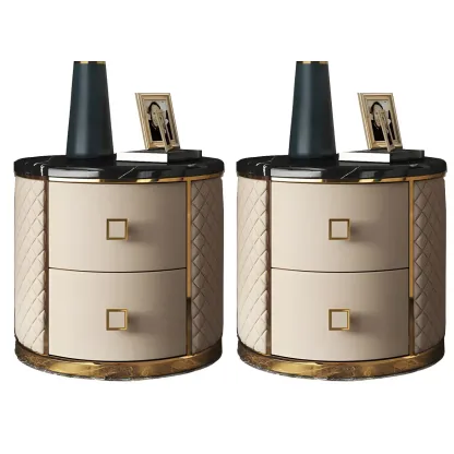 Glam Round Leather Nightstand with Marble Countertop 2 Drawers Image - 8