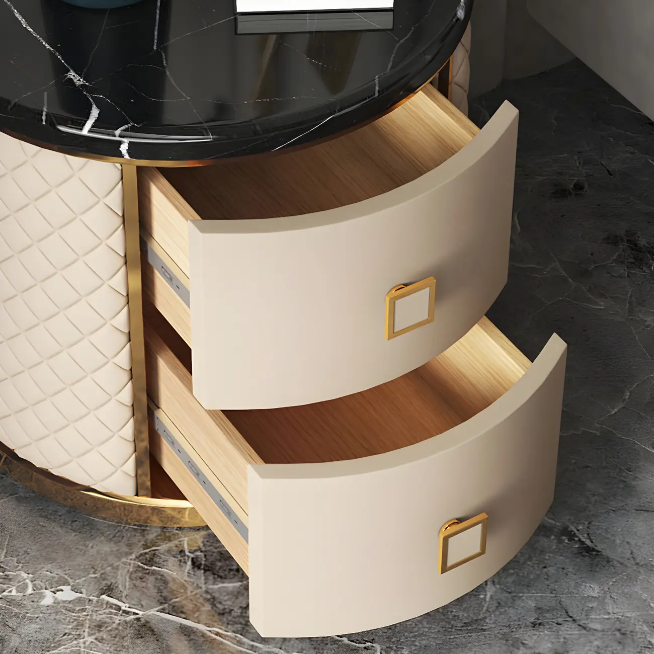 Glam Round Leather Nightstand with Marble Countertop 2 Drawers Image - 10 | homeyfad