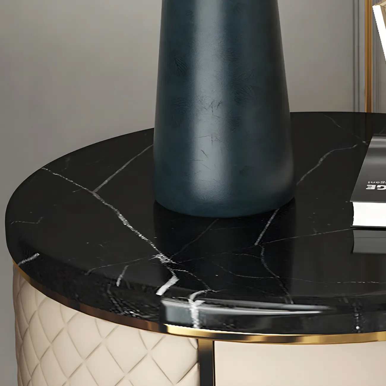 Glam Round Leather Nightstand with Marble Countertop 2 Drawers Image - 11