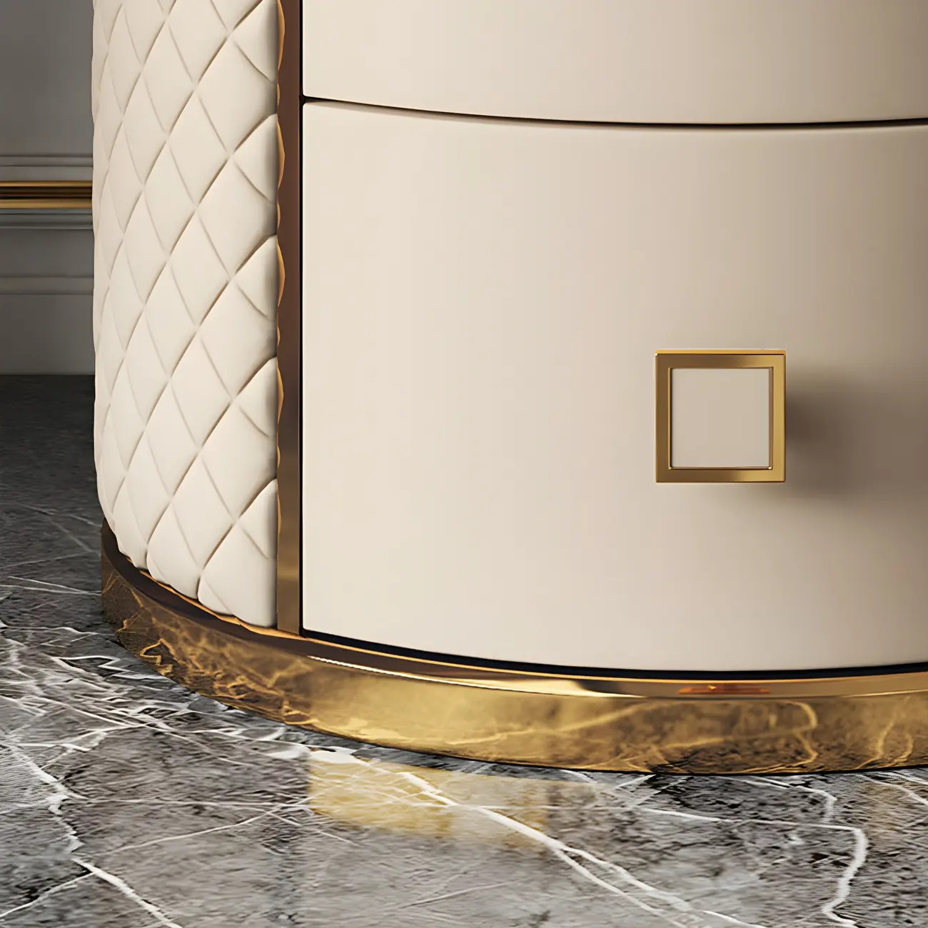 Glam Round Leather Nightstand with Marble Countertop 2 Drawers Image - 12 | homeyfad