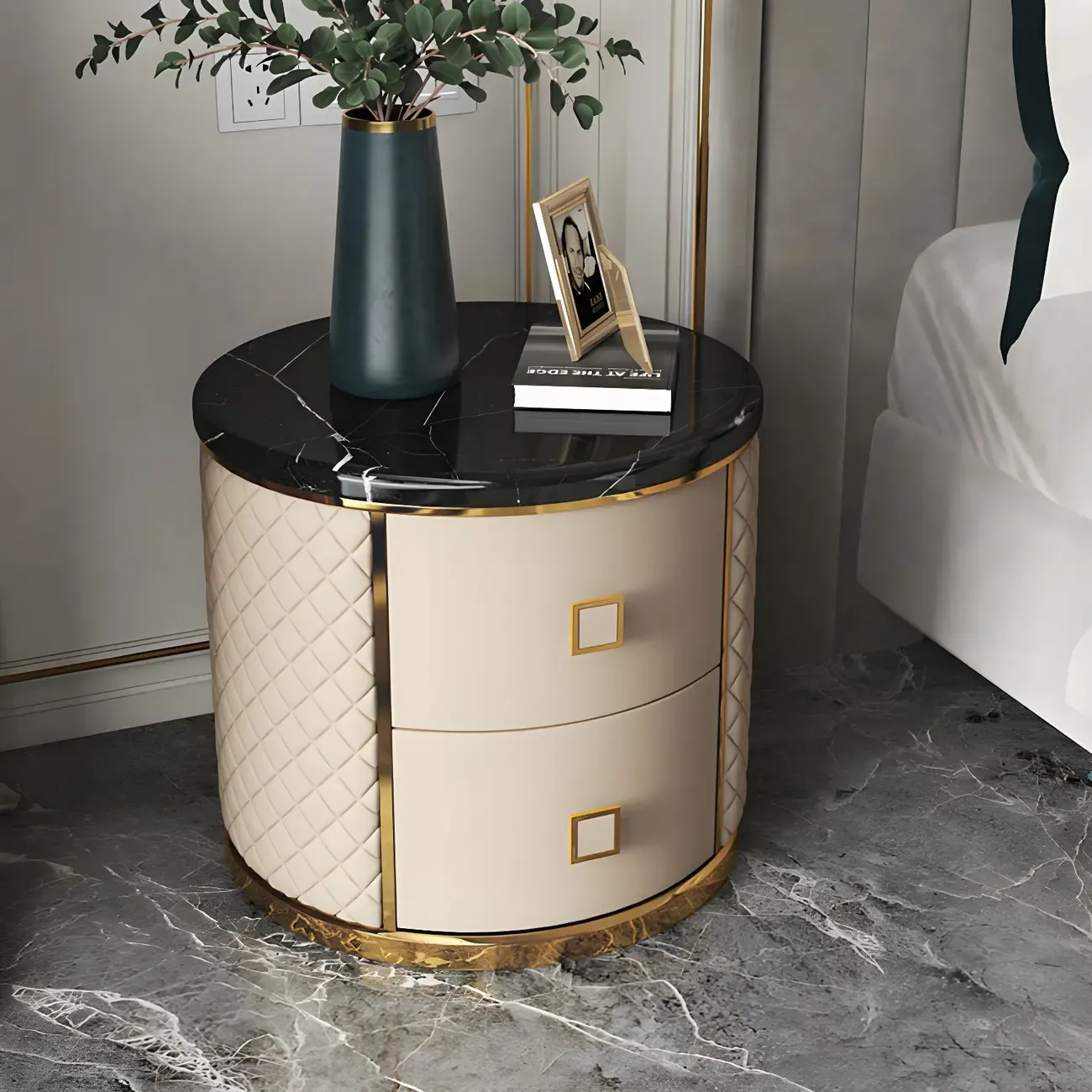 Glam Round Leather Nightstand with Marble Countertop 2 Drawers Image - 13