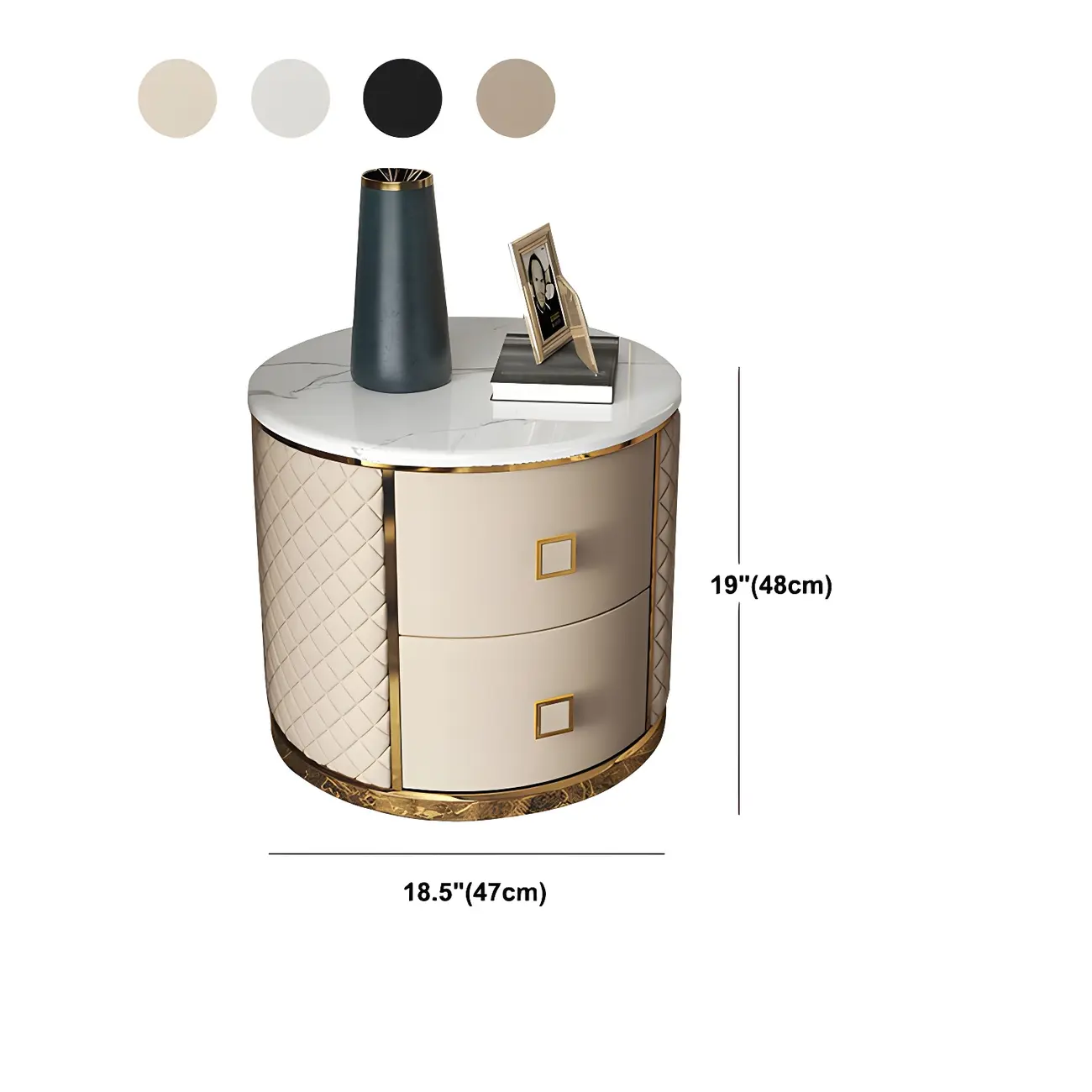 Glam Round Leather Nightstand with Marble Countertop 2 Drawers #size | homeyfad