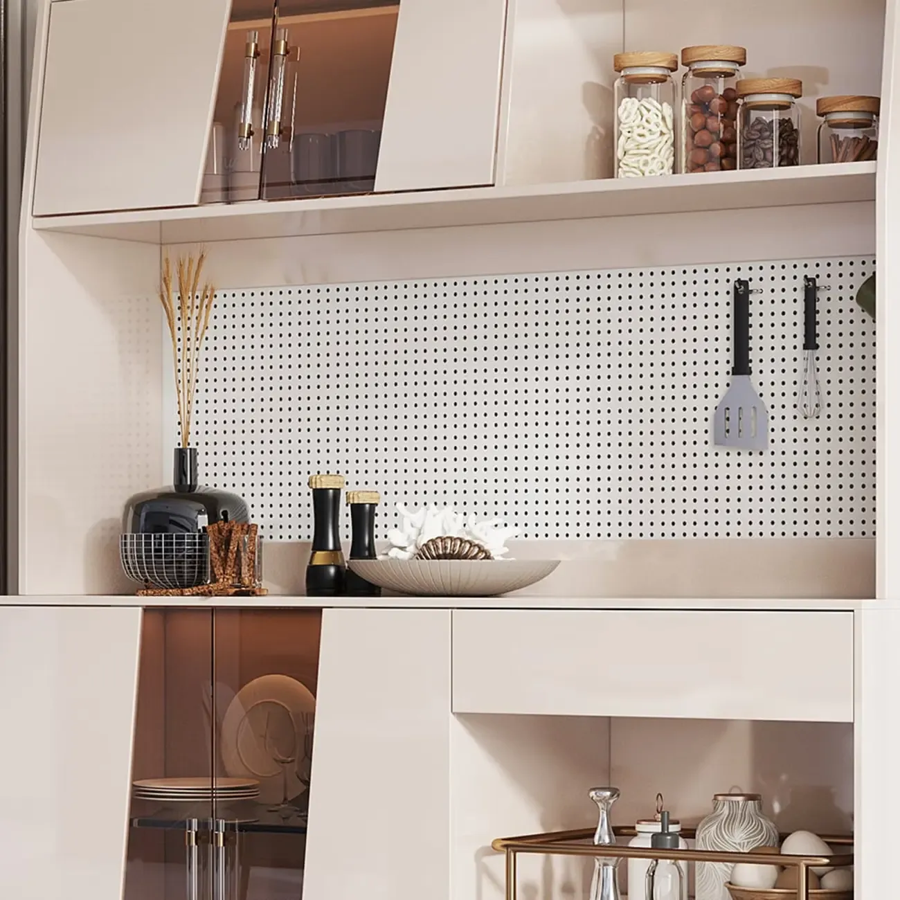 Luxury MDF Pegboard Back Gold Accents Storage Sideboard Image - 6