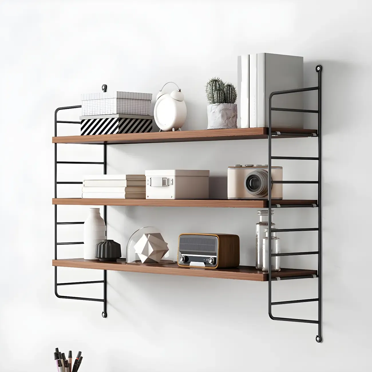 3-Shelf Nut-Brown Wall-Mounted Wood Open Bookcase Image - 3